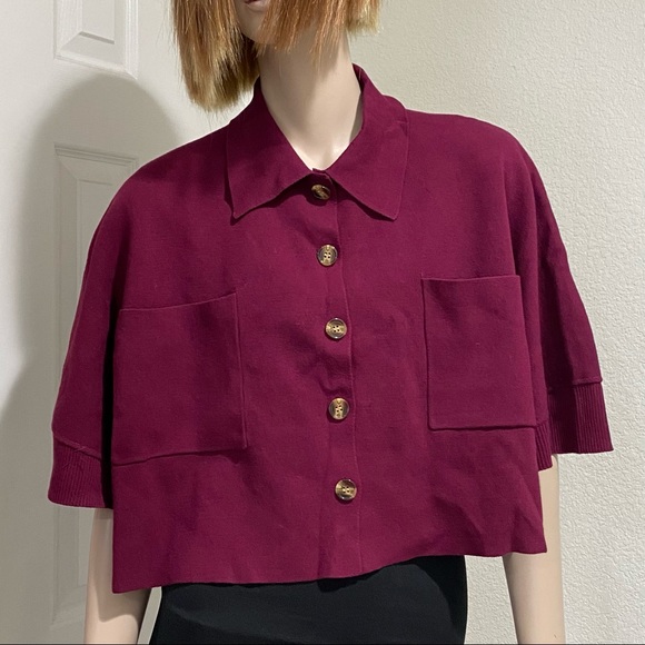 FLAT WHITE by Anthropologie Plum/Prune Button Down Cropped Knit Top Size L - Picture 1 of 12
